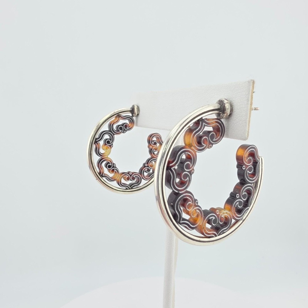 Vtg BRIGHTON Hoop Earrings Tortoiseshell Heart Scrollwork Filigree Silver Plate